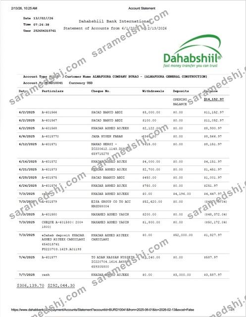 Somalia Dahabshiil Bank International account statement Word and PDF template